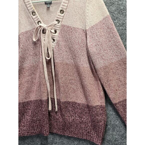 SOHO New York & Co Jeans Sweater Size M Cream Pink Mauve Wine Striped Laced Tie - Picture 3 of 6
